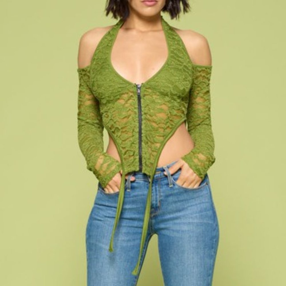 SEXY LACE GREEN  ZIP UP TOP